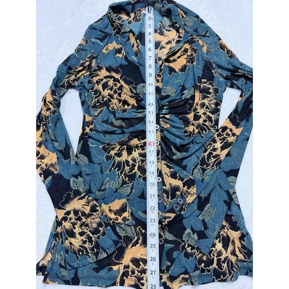 Free People Meant To Be Tunic Dress Floral Ruched V Neck Blue Womens Size Med